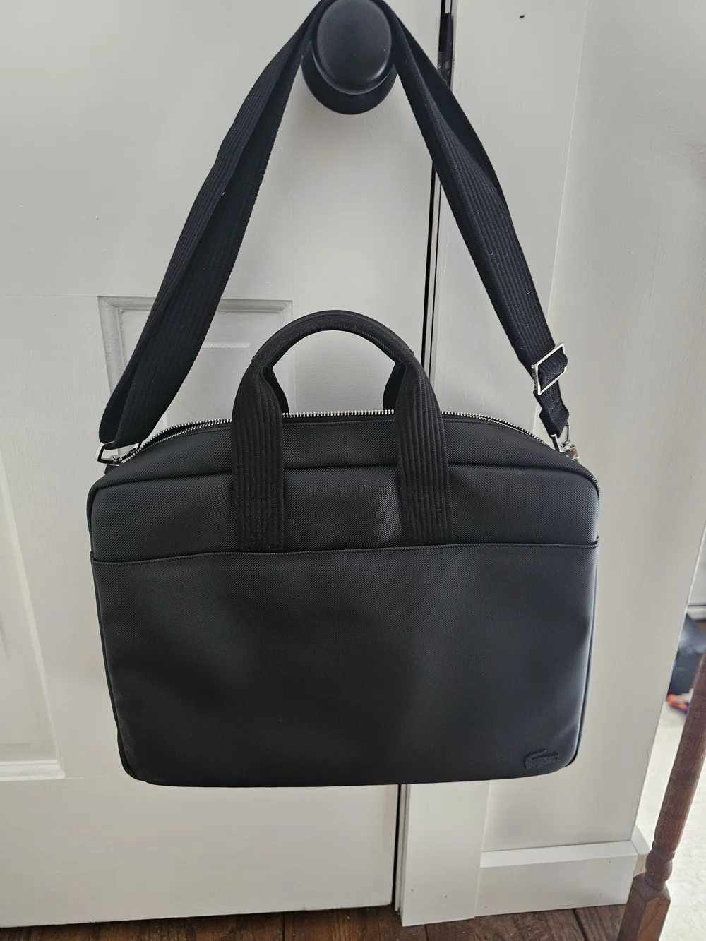 LACOSTE Men's Black Structured Briefcase Laptop Bag - Sleek Everyday Work Carry
